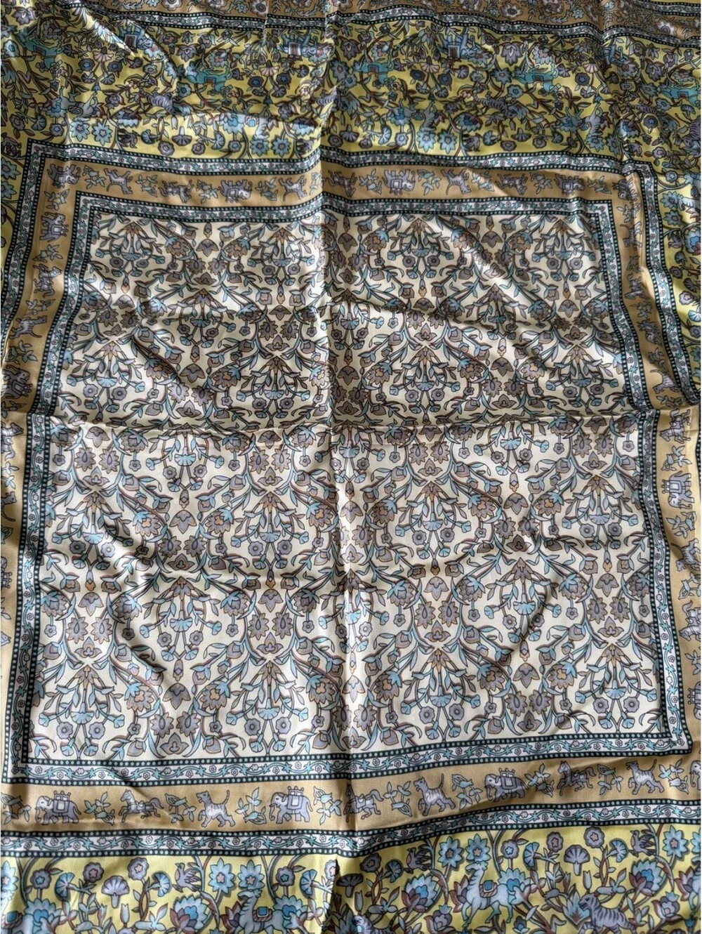 Lui Chantant Silk Scarf Vintage Animal Floral Print Elephant Tiger Yellow 33
